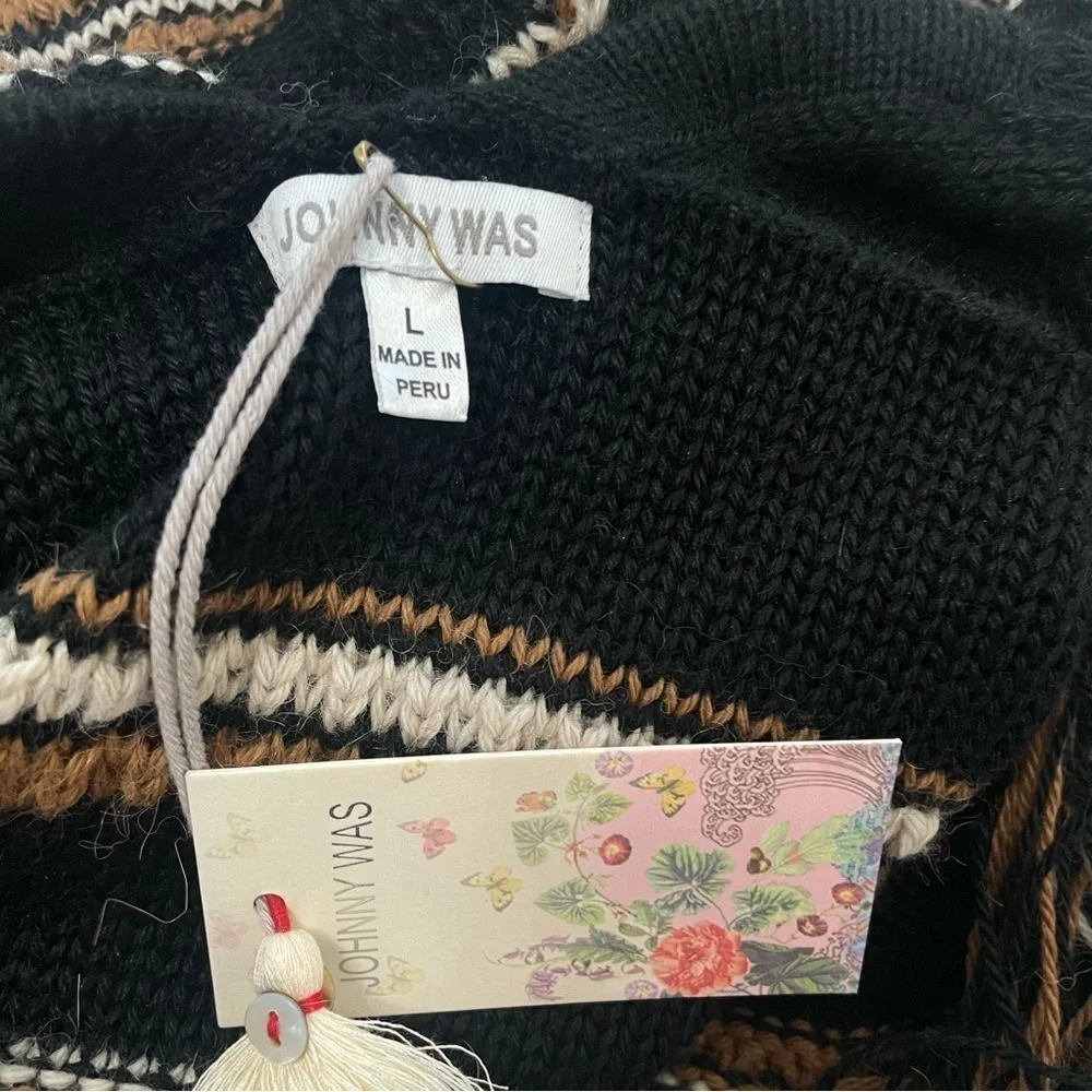 Johnny Was Ada Striped Cardigan Black Striped Fringe Alpaca Wool Size Large - Picture 7 of 9